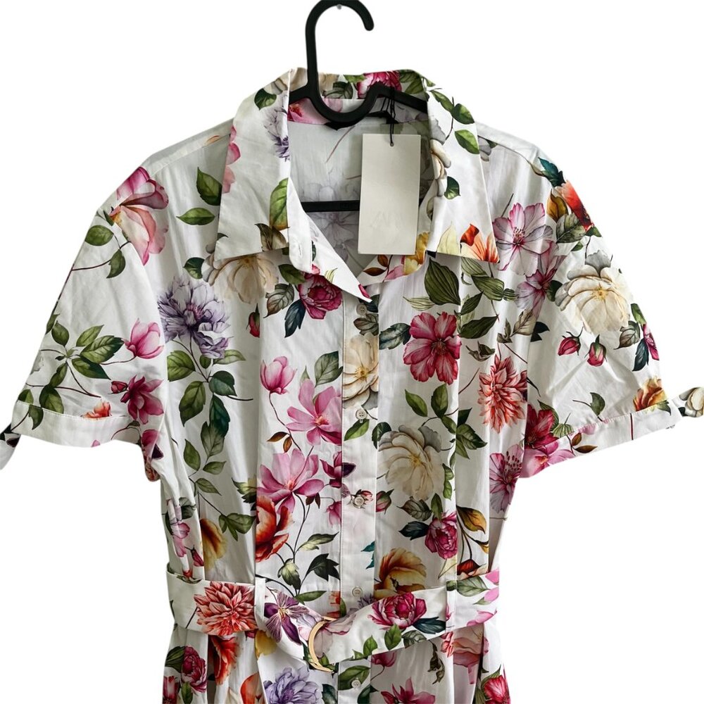 ZARA Women's Midi Dress Size XL Cotton Poplin Print Tie Sleeves Belted Floral - Picture 5 of 12